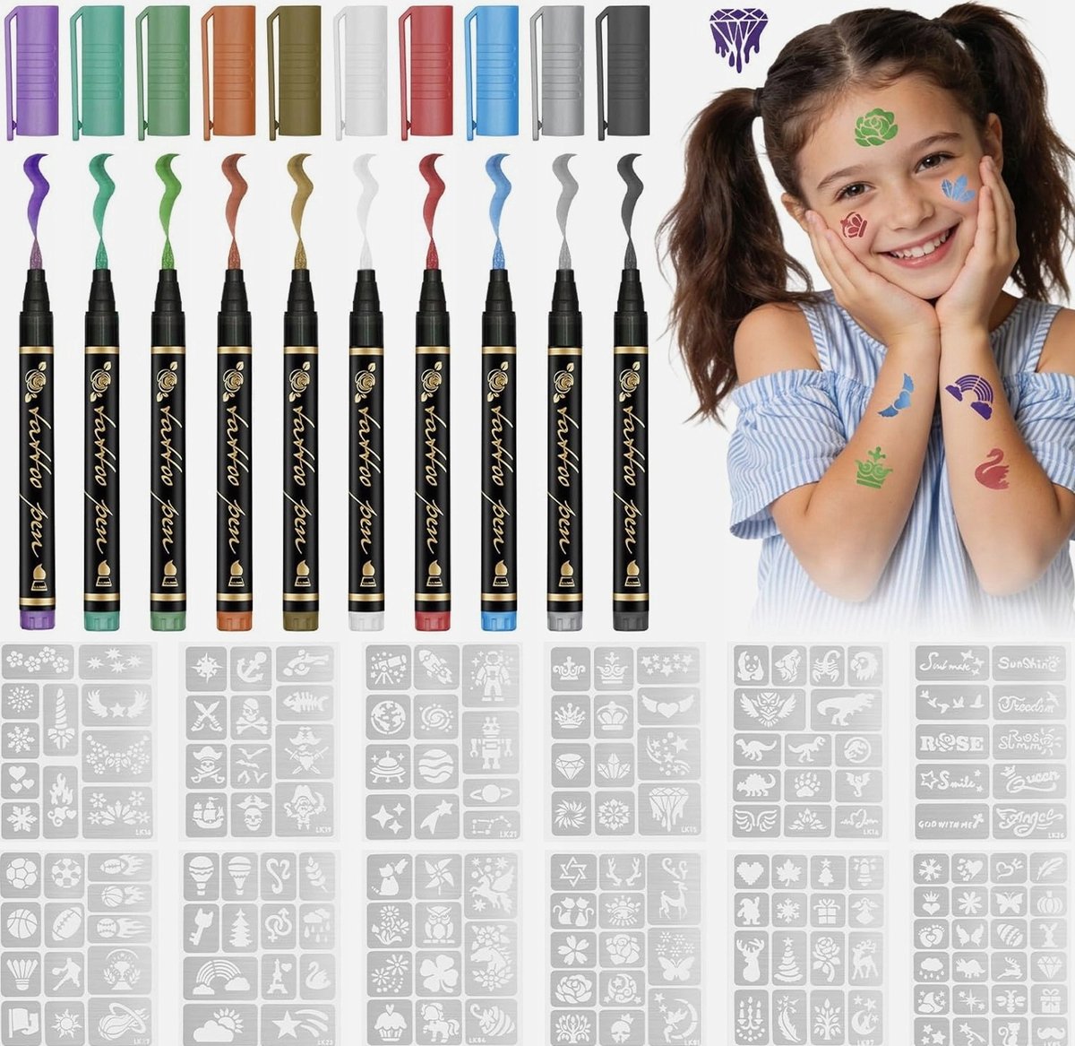 Tijdelijke Glitter Tattoo Pennen Set - 10 Waterdichte Kleuren