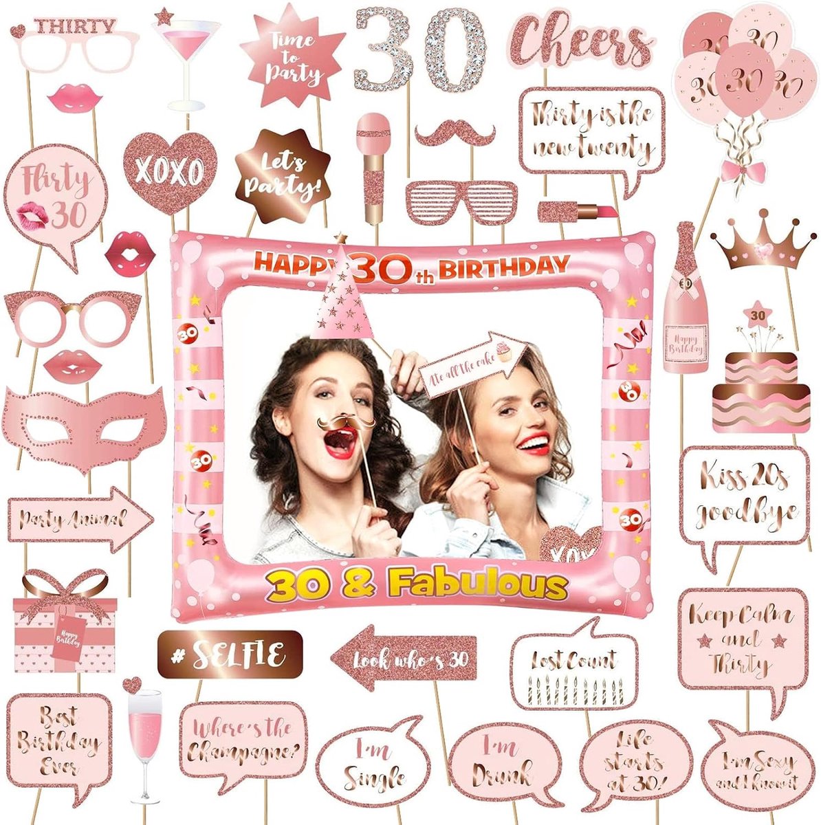 Photo Booth accessoires - rosegoud - fotolijst, snor en hoed - perfect voor 30e verjaardag - ShopVlot