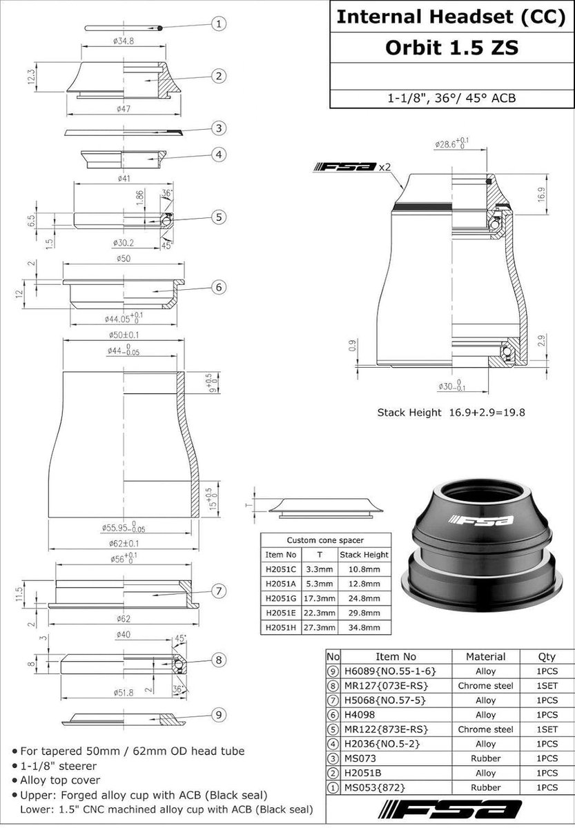 Tapered headset 50mm/62mm - FSA No.57-1 Orbit 1.5 - met top cap - perfect voor fietsen - ShopVlot