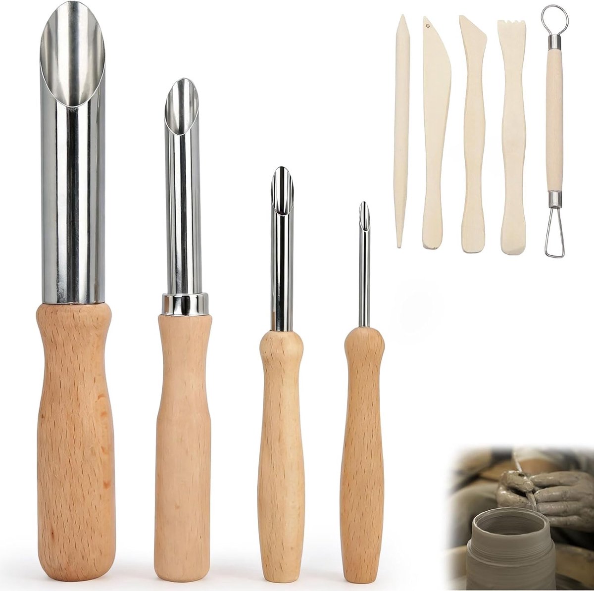 Pottenbakkersgereedschap set 9 stuks - cirkelvormige kleigatensnijder - met anti-slip houten handvat - ShopVlot