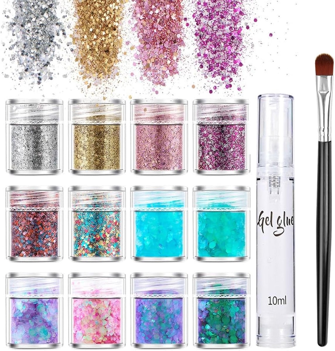 Body Glitter 12 Flessen - Glitter Make-up - Inclusief Lijm - Perfect voor Festivals - ShopVlot