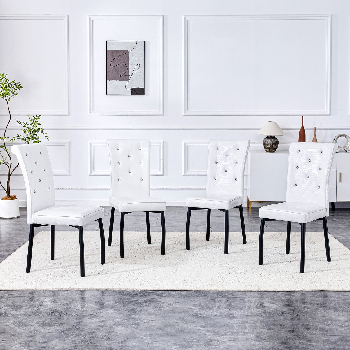 OKWISH Eetkamerstoel Set van 4 - Retro Met Kristalknop Details en Metalen Poten - Voor Eetkamer Keuken en Horeca - Kunstleer - Wit en Zwart