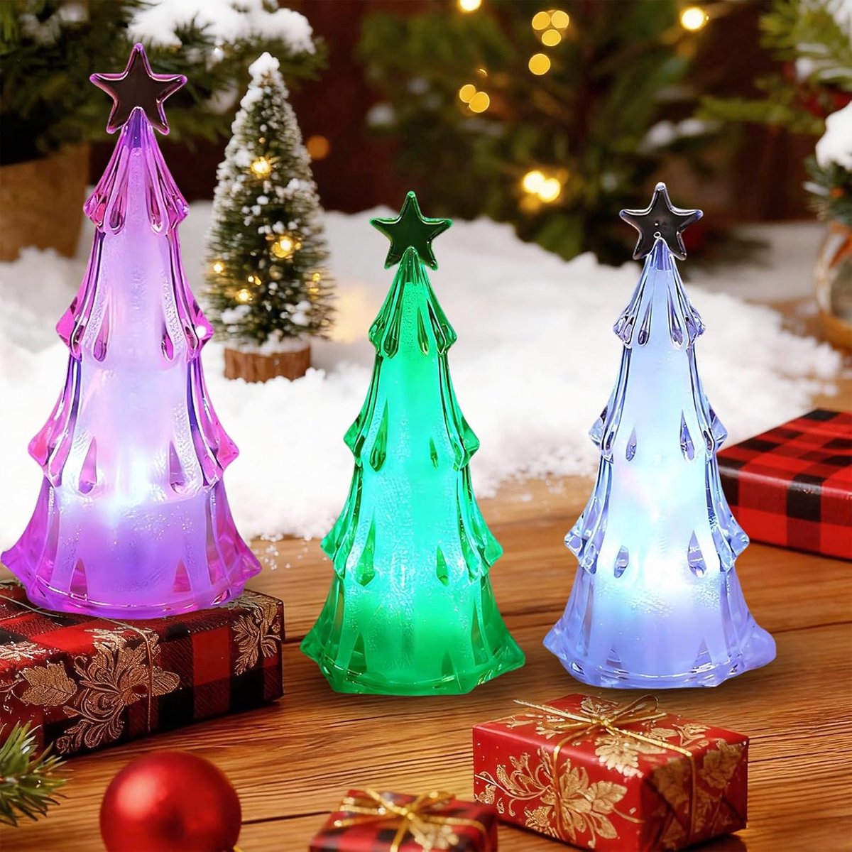 Mini kerstboom set van 3 - kleine LED verlichting - vrolijke kleuren - gezelligheid voor de feestdagen - ShopVlot