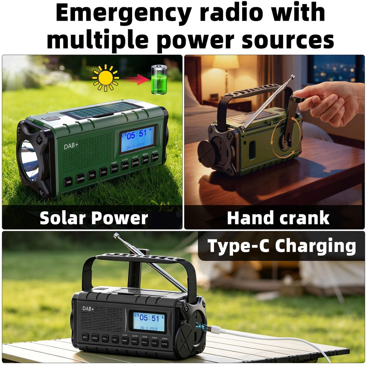 Zonne Zwengelradio DAB+/FM - Draagbare Noodradio - 20000 mAh Powerbank - Ideaal voor Outdoor Camping - ShopVlot