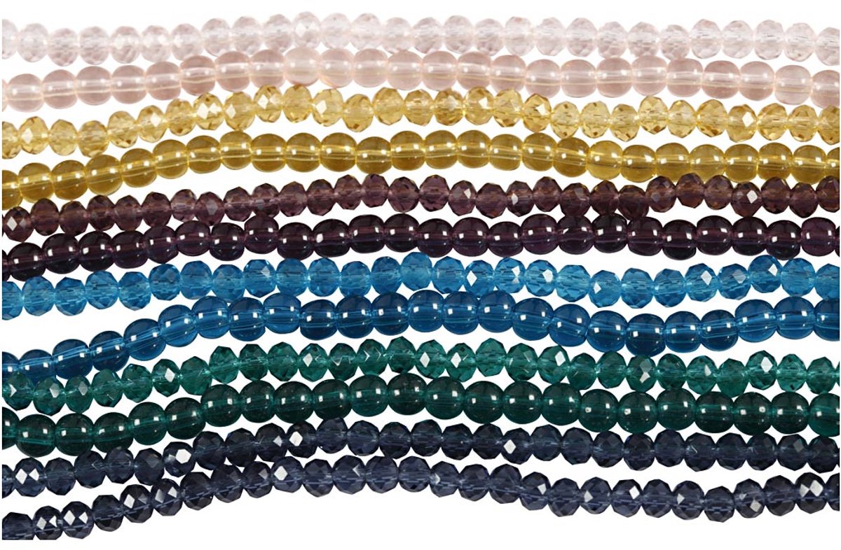 Glas en Facet kralen, d 4 mm, gatgrootte 1 mm, 12x45stuk/ 1 doos
