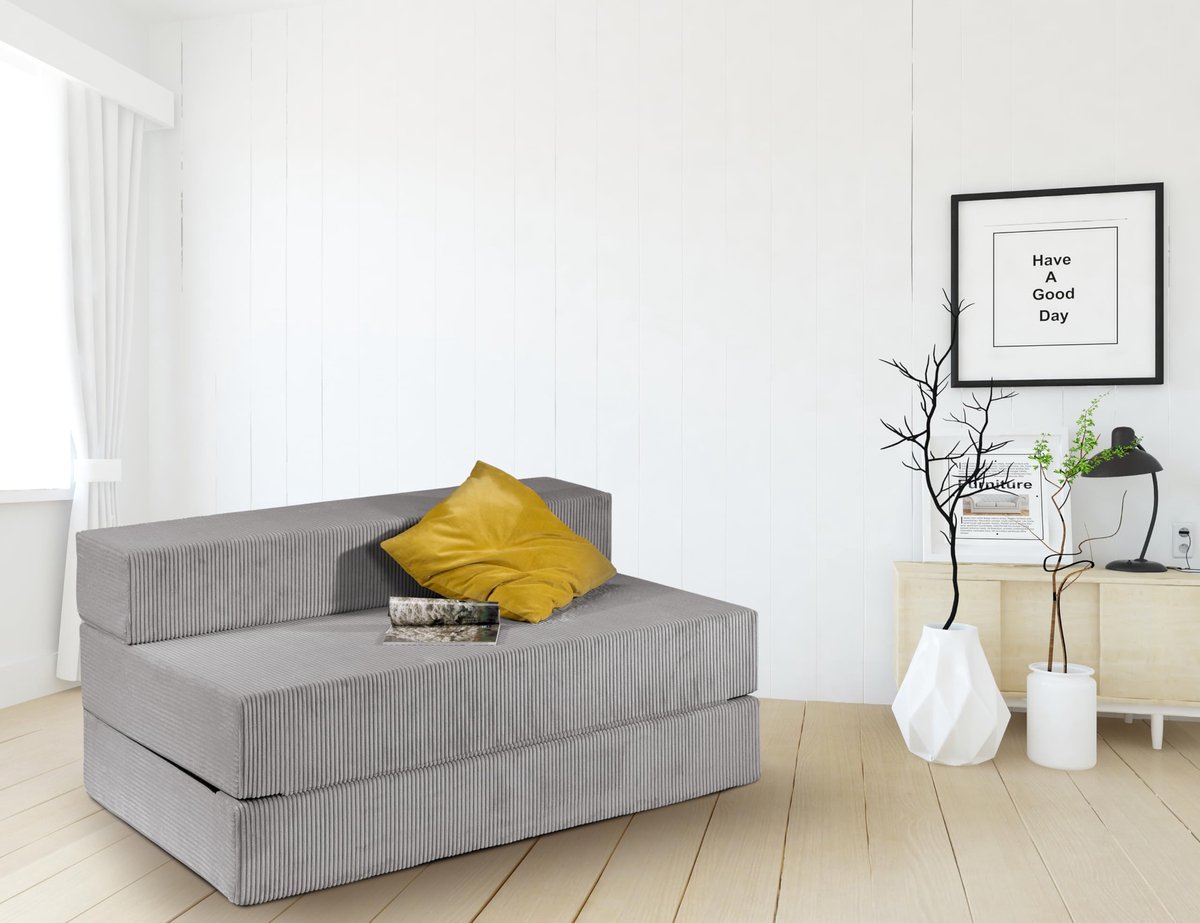 Slaapbank 140 x 200 cm - Grijze Ribcord Bekleding - Comfortabele Ligfunctie - Ruimtebesparend - ShopVlot