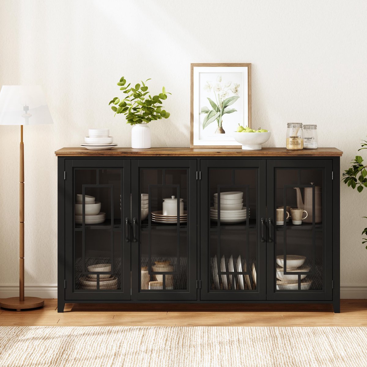 VVBV Dressoir 160x40x86 cm - Opbergruimte, Glazen Deuren, Met Planken - Zwart, MDF