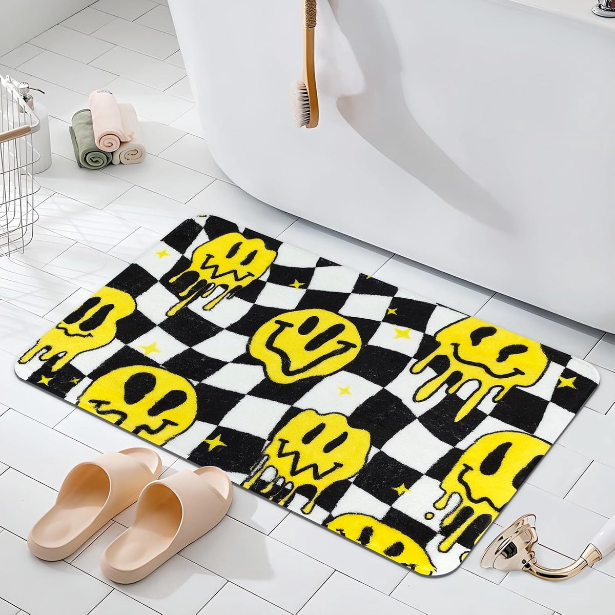 Badmat 50 x 80 cm - zwart-wit geblokt - grappige smiley - absorbeert vocht - ShopVlot