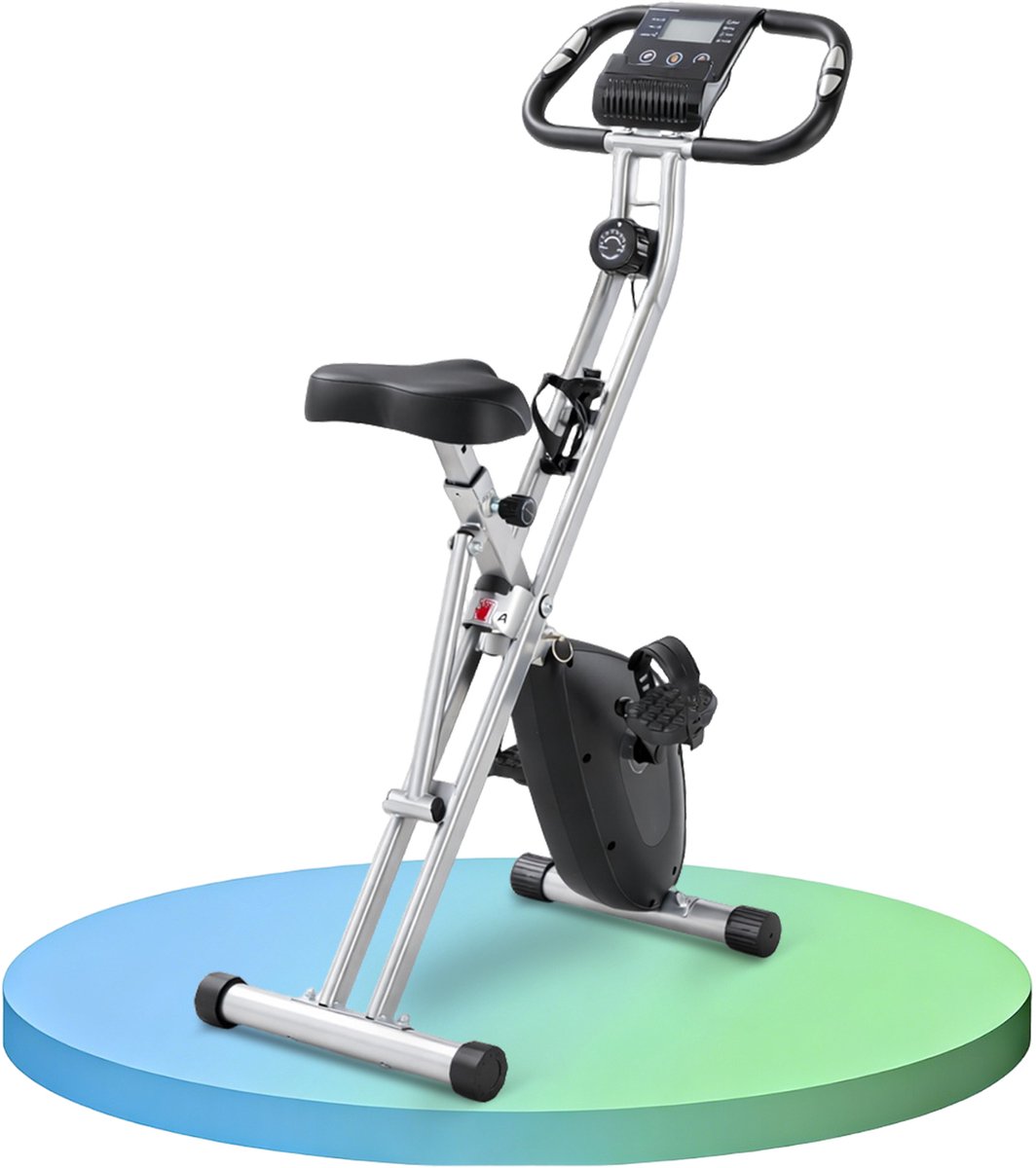 Opvouwbare Hometrainer X-Bike met Elektronisch Display en Verstelbare Weerstand - Comfortzadel, Flessenhouder en Brede Pedalen met Riemen - Compacte Fitnessfiets voor Thuis, Conditietraining en Beweging - tot 130 kg - Zilver en Zwart