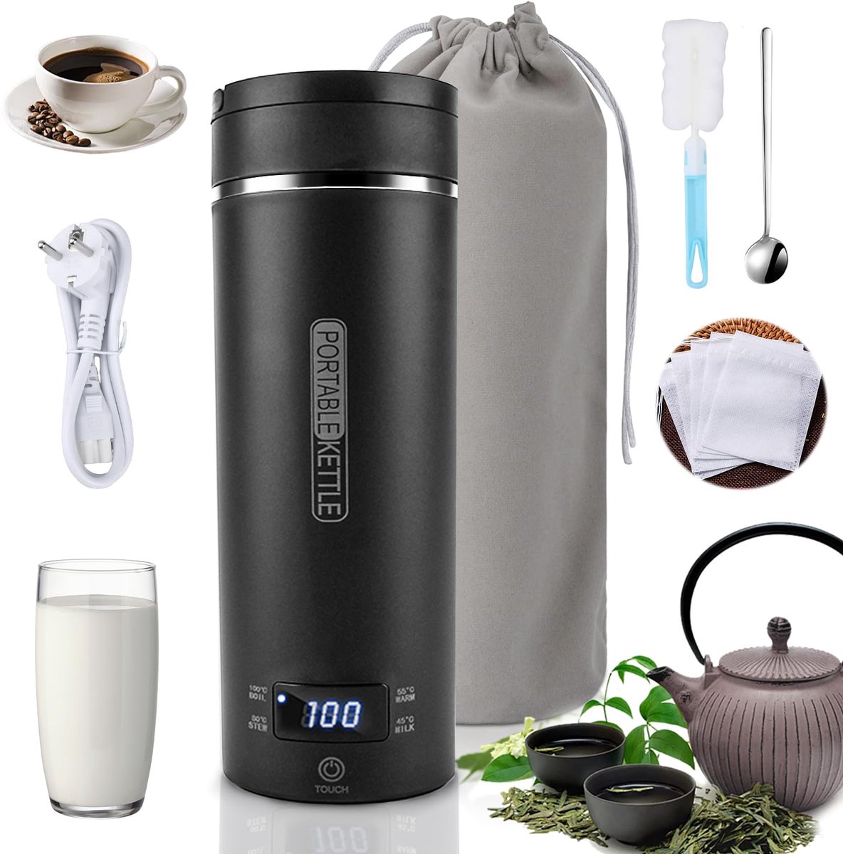 Kleine draagbare waterkoker 500ml - compact en lichtgewicht - ideaal voor onderweg - snel opwarmtijd - ShopVlot