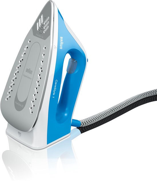 Braun CareStyle 1 stoomstrijkijzer in blauw en wit met een grijze spiraalkabel.