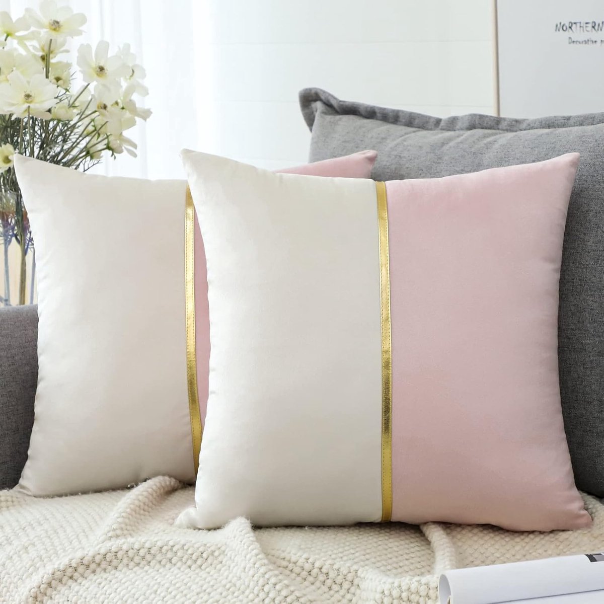 Kussenovertrek set van 2 - fluwelen 45 x 45 cm - roze en wit - luxe modern design voor bank of slaapkamer - ShopVlot