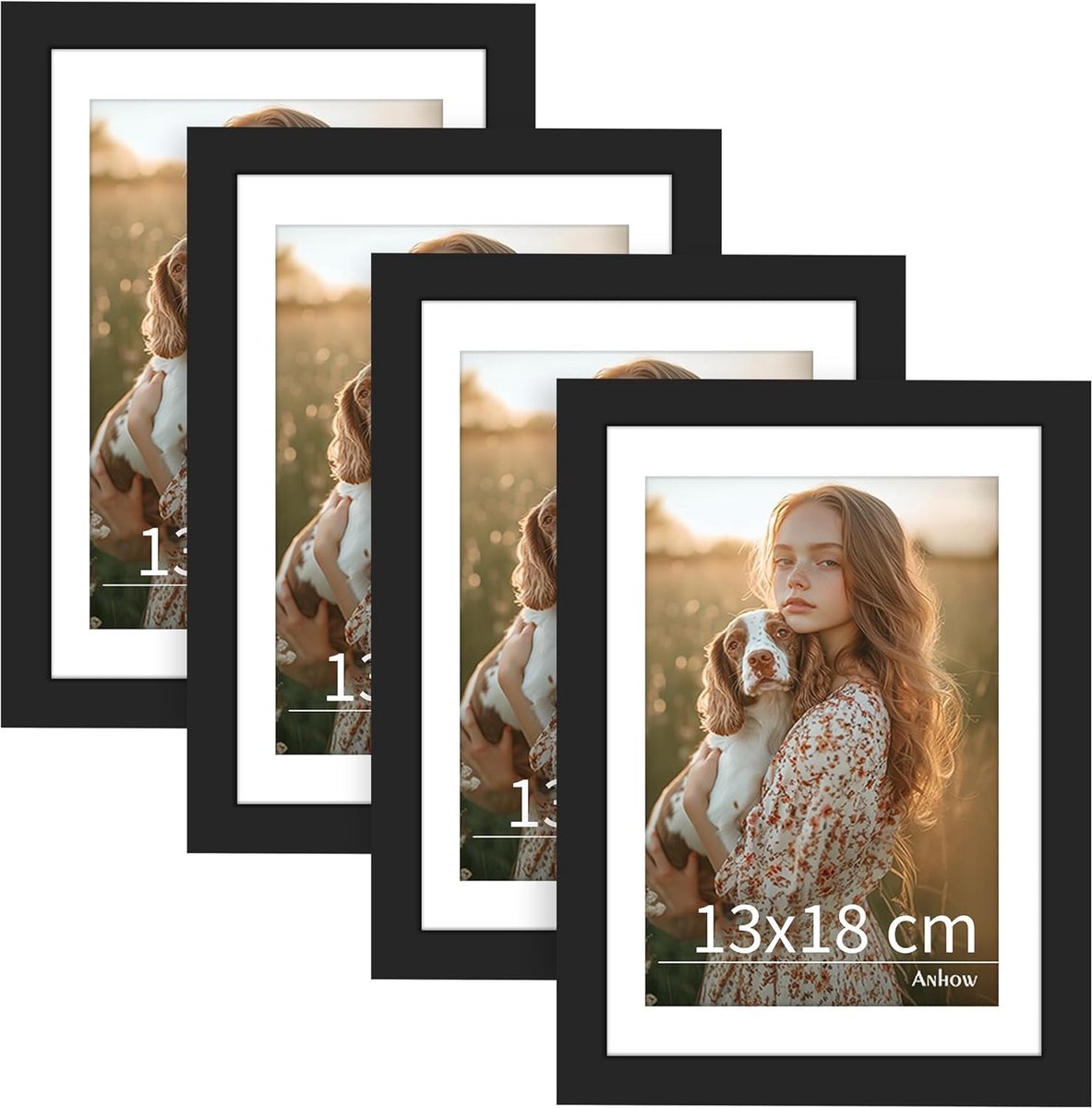 Set van 4 Fotolijsten 13x18 cm Zwart voor Foto's 10x15 cm met Passe-partout