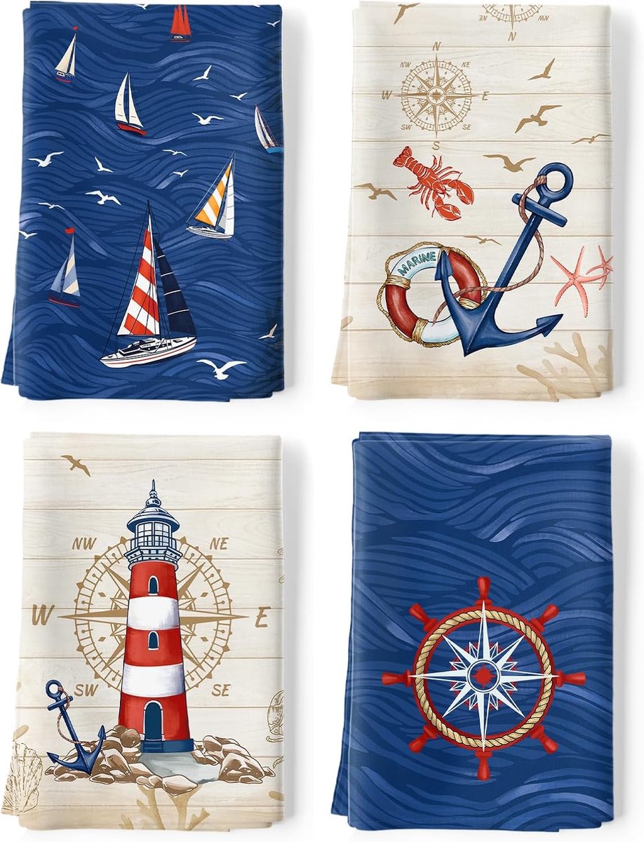 Keukenhanddoeken 48x70cm - 100% Katoen - Sneldrogend - Nautisch ontwerp voor stijlvolle keuken - ShopVlot