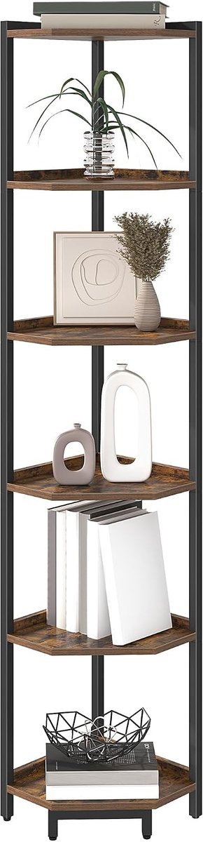 Hzuaneri Hoekplankstandaard, Hoekboekenplank, Opslag Staande Plankenkast met Metalen Frame, Plantenstandaard, Hoekboekenkast voor Woonkamer, Thuiskantoor, Slaapkamer, 6-Tier Rustiek Bruin Hoekrek, boekenkast met 6 verdiepingen, staand rek, opbergrek