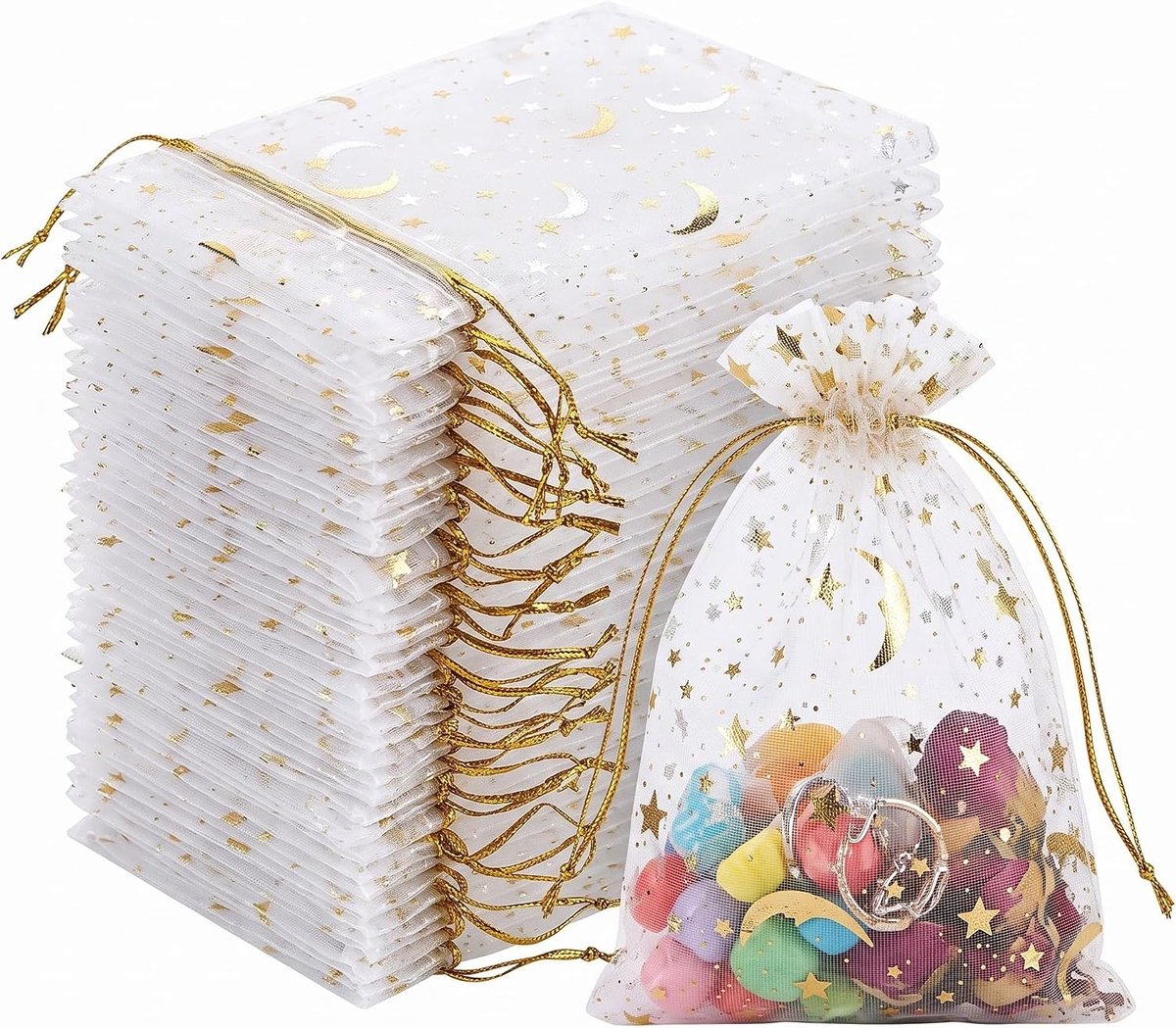 organzazakjes 7 x 9 cm - witgoud - sterren en maanpatroon - elegant voor cadeaus - ShopVlot