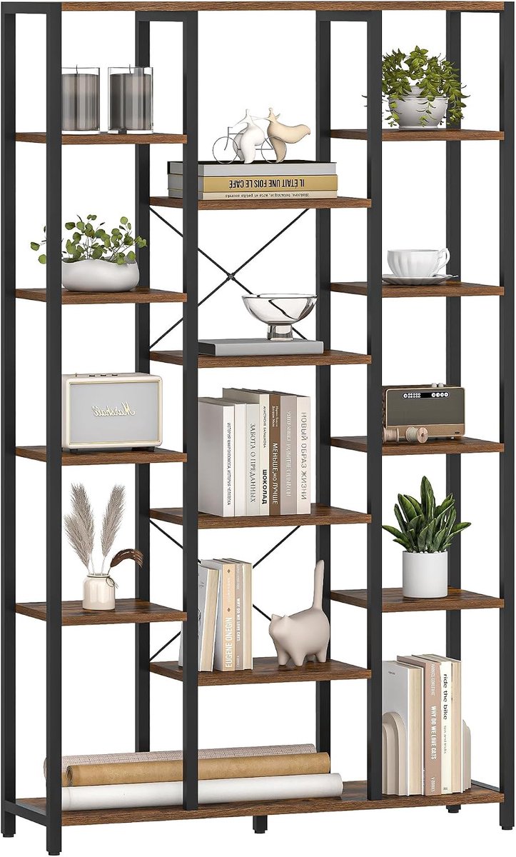 Hzuaneri boekenplank,6 niveaus en 15 open planken,170cm,bruin en zwart