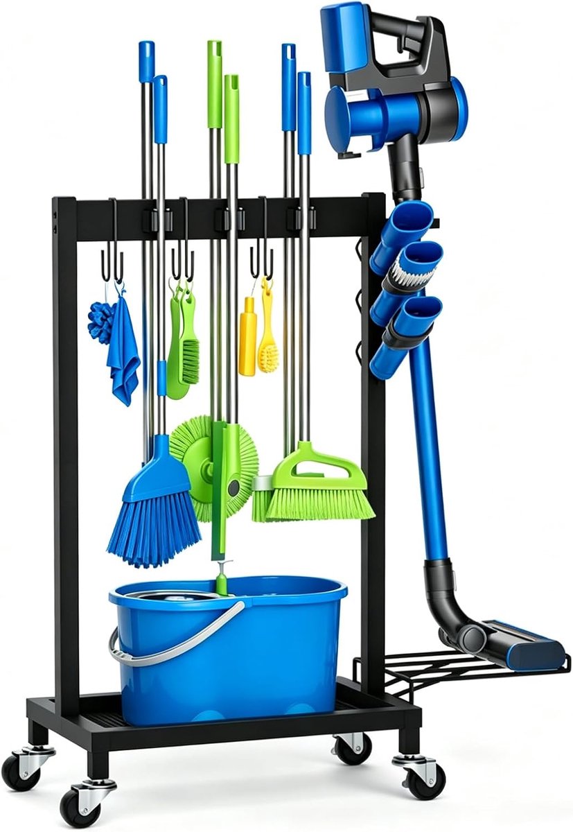 Schoonmaakwagen Broomhouder - 3 haken en 6 mop houders - Mobiele organizer voor schoonmaakaccessoires - ShopVlot