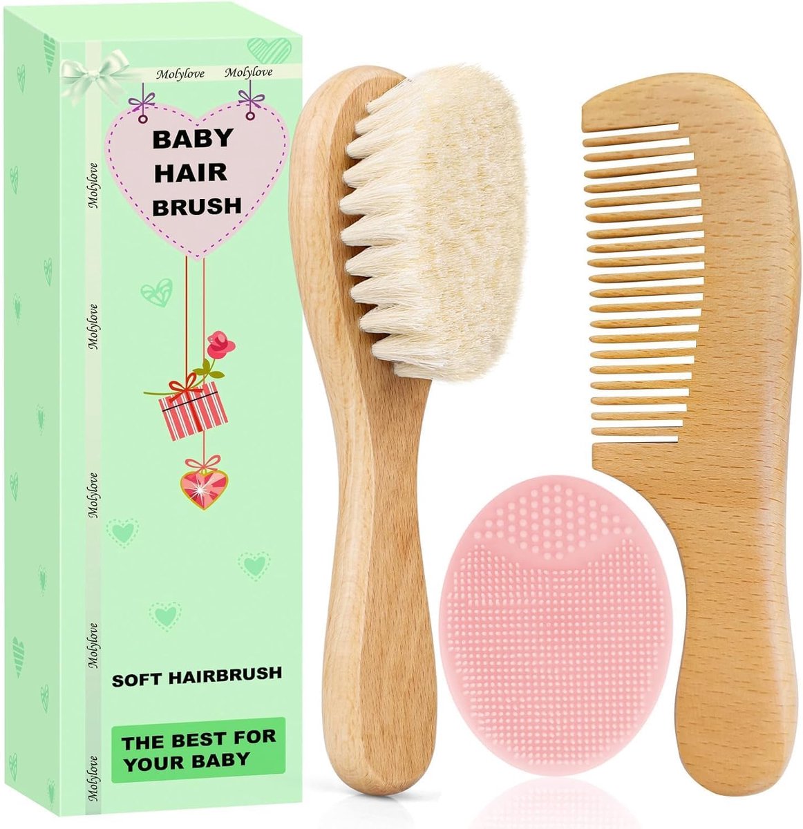 Babyhaarborstel en kamset - houten set - zachte geitenharen - ideaal voor wiegdop - ShopVlot