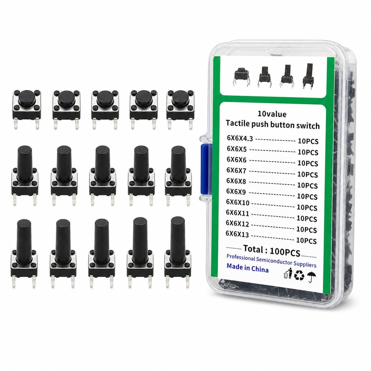 Tact Switches 100pcs - Assortiment 4-pins - Precisie ontwerp - Ideaal voor elektronica toepassingen - ShopVlot