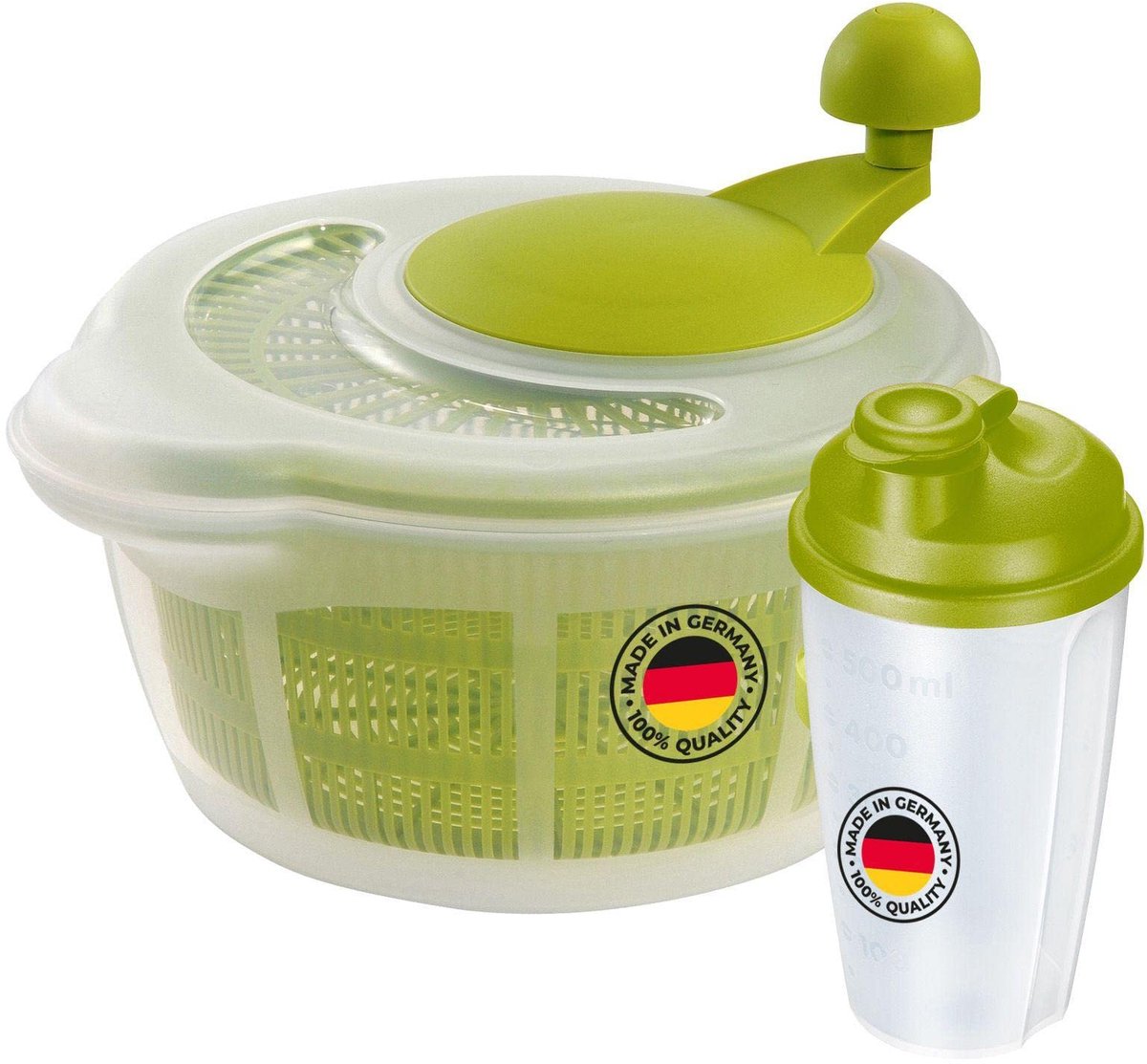 Salade Set: 1 Salade Spinner 5 Liter + 1 Dressing Shaker 0,5 Liter, Kunststof, Transparant/Groen