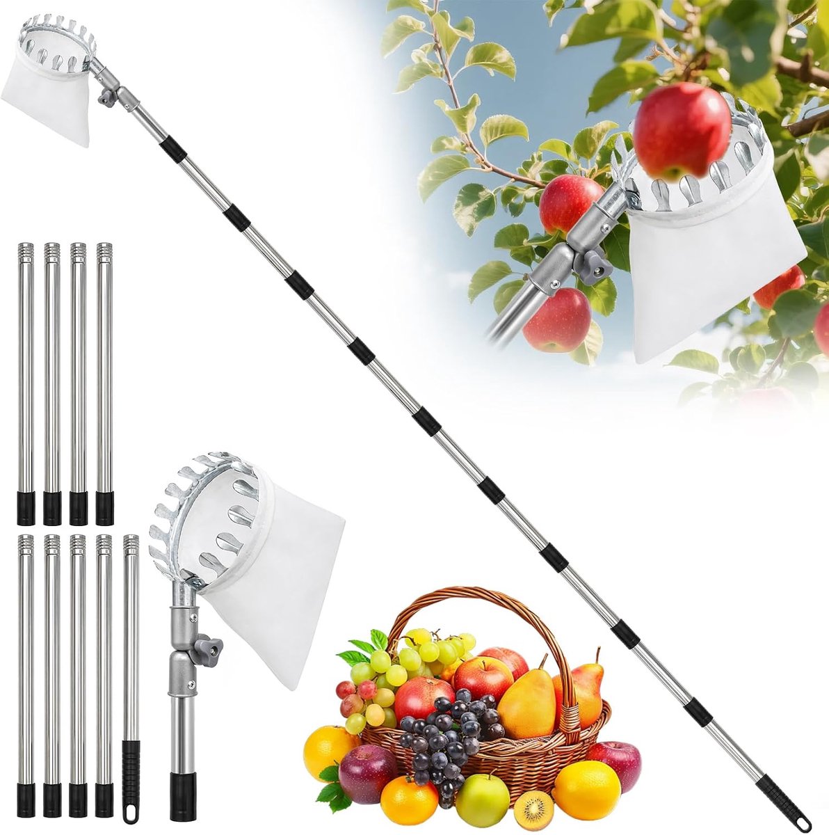 Fruitplukker 3,73 m - telescopische steel - roestvrijstalen stang - 180° verstelbare oogstkop - ShopVlot