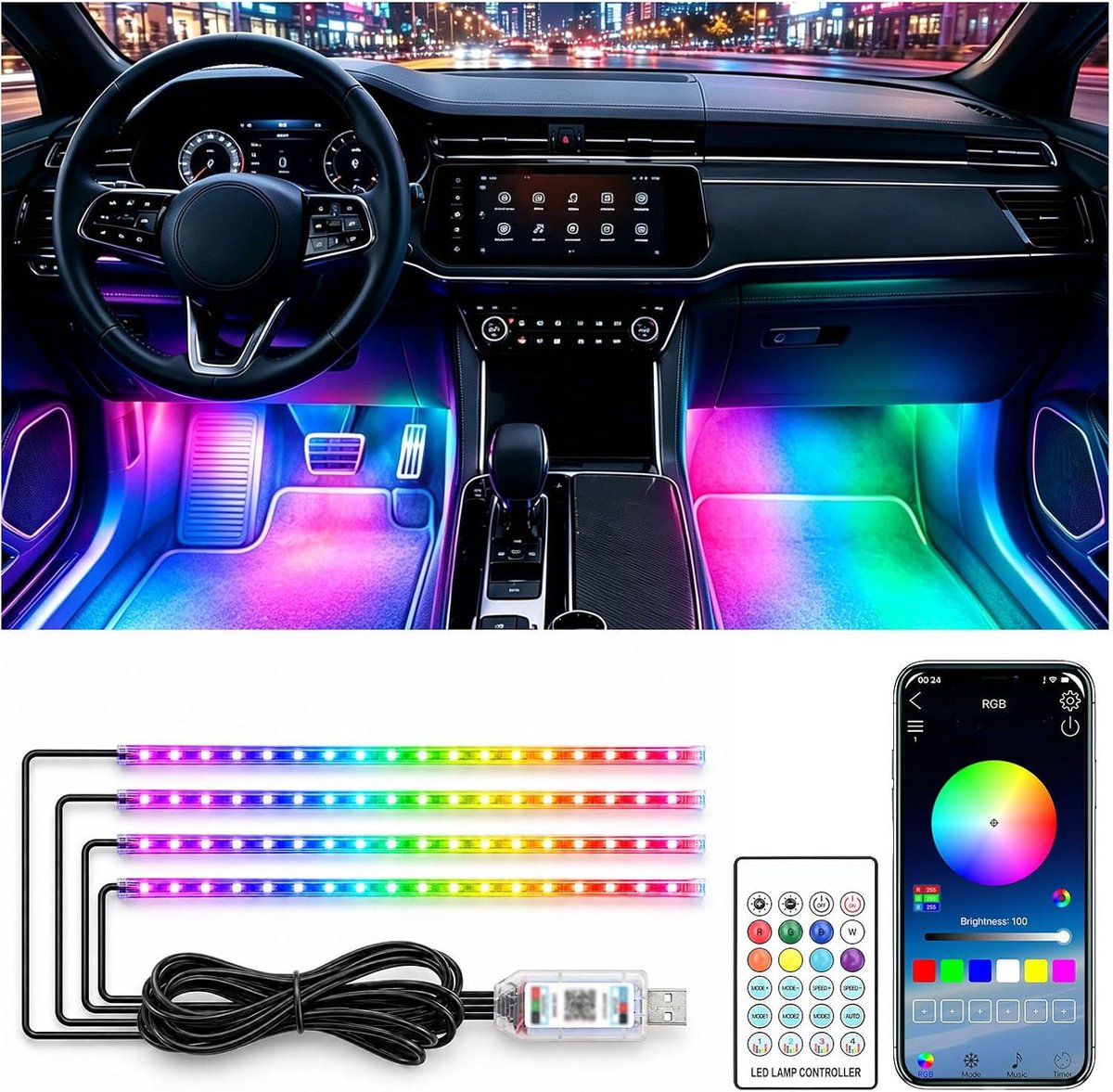 Auto interieur LED lichten - 4 stuks - App controle - Muzieksynchronisatie voor sfeerverlichting - ShopVlot