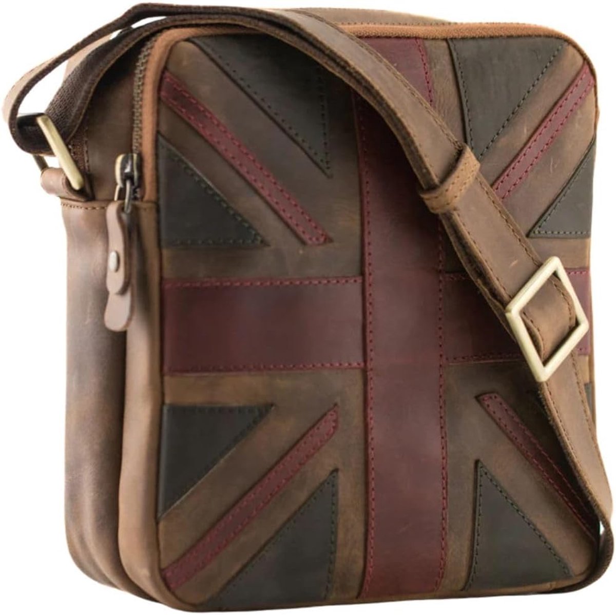 Schoudertas met dubbele rits - bruin kunstleer - Britse vlag applicatie - unisex reistas - ShopVlot