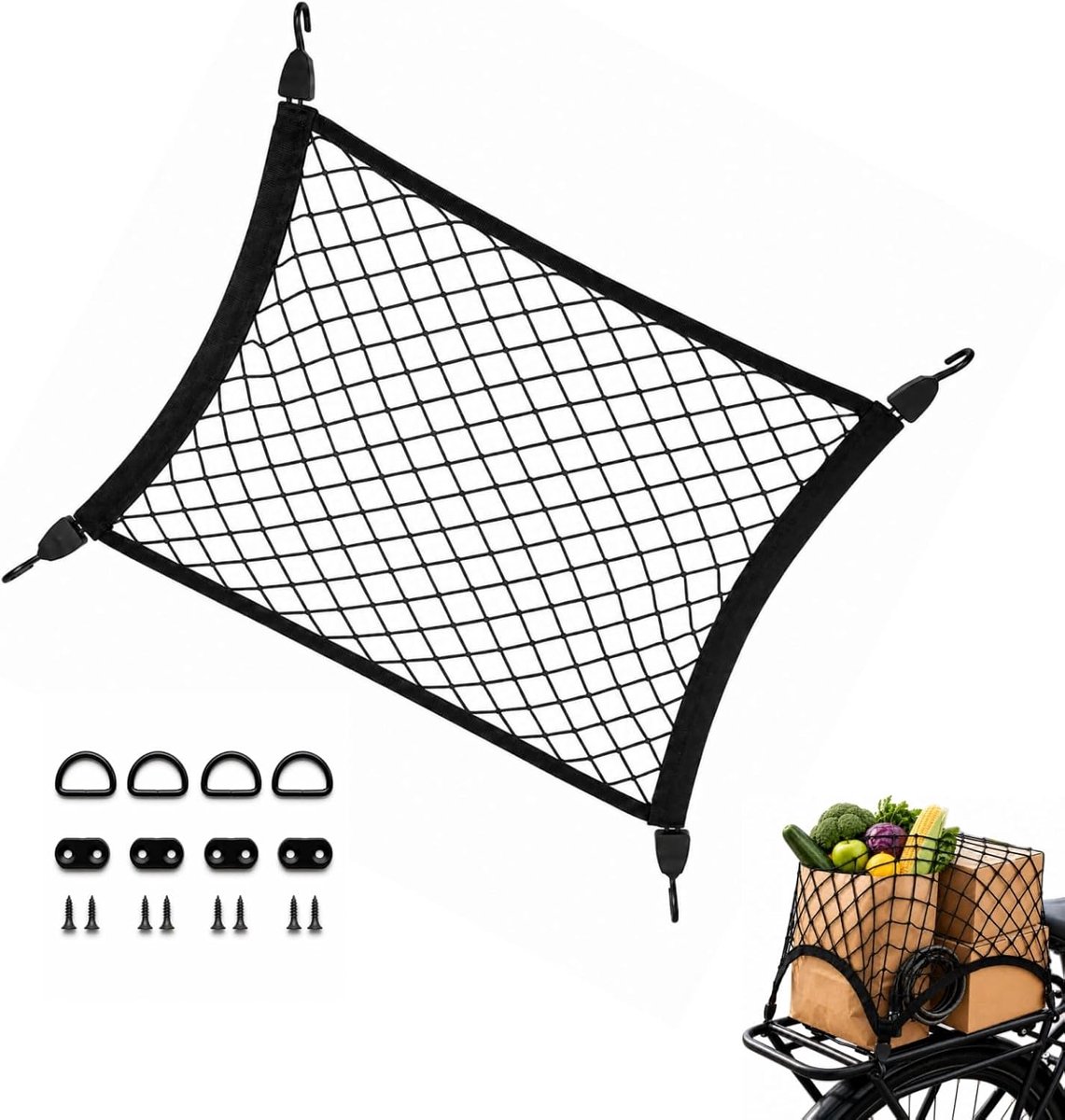 Bagagenet 60x40 cm - elastisch polyester - met haken - beveiligt bagage tijdens transport - ShopVlot