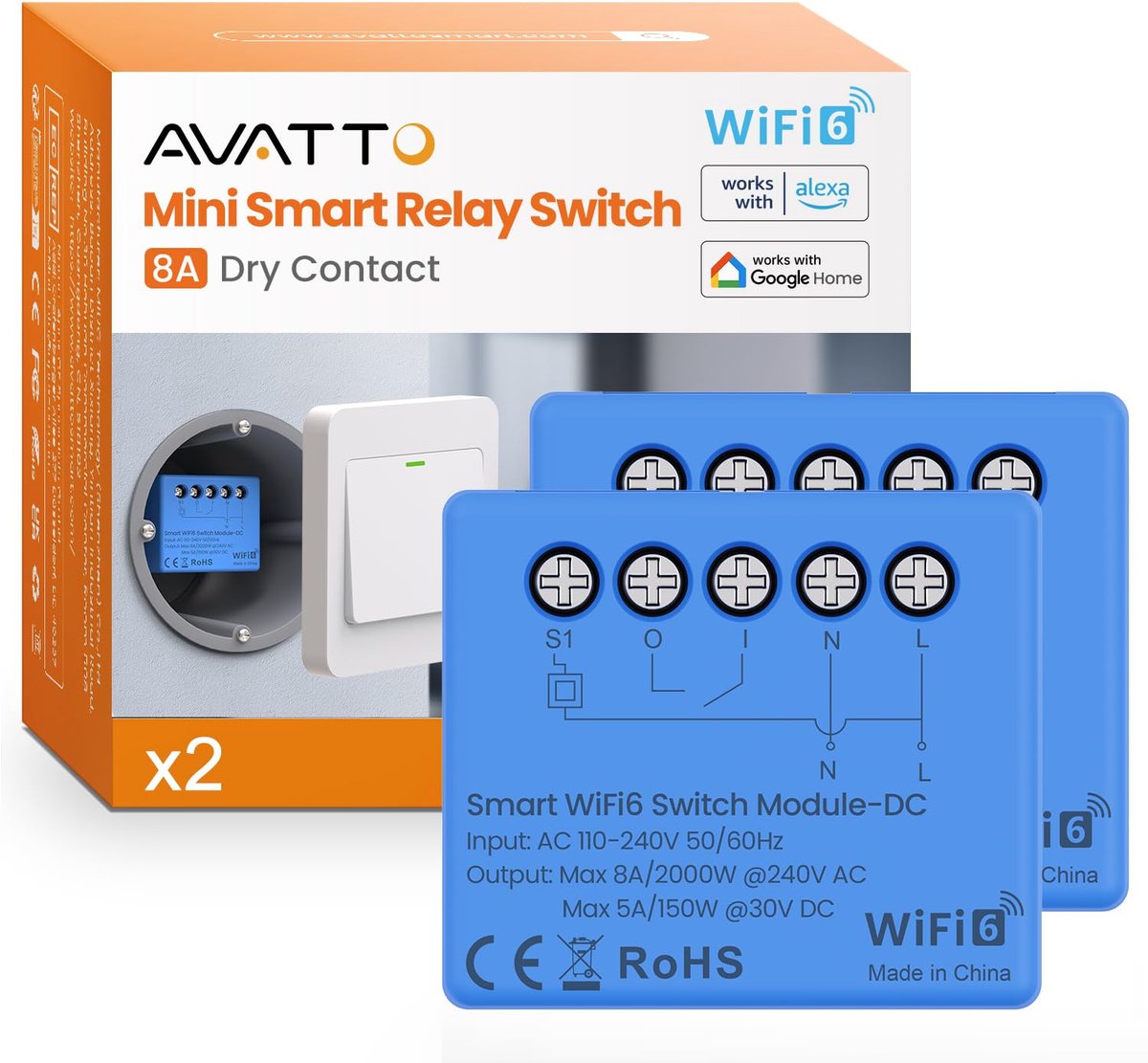 mini wifi 6 smart relaisschakelaars 8 A - 2 stuks - compatibel met Alexa en Google Home - ideale huisautomatisering - ShopVlot