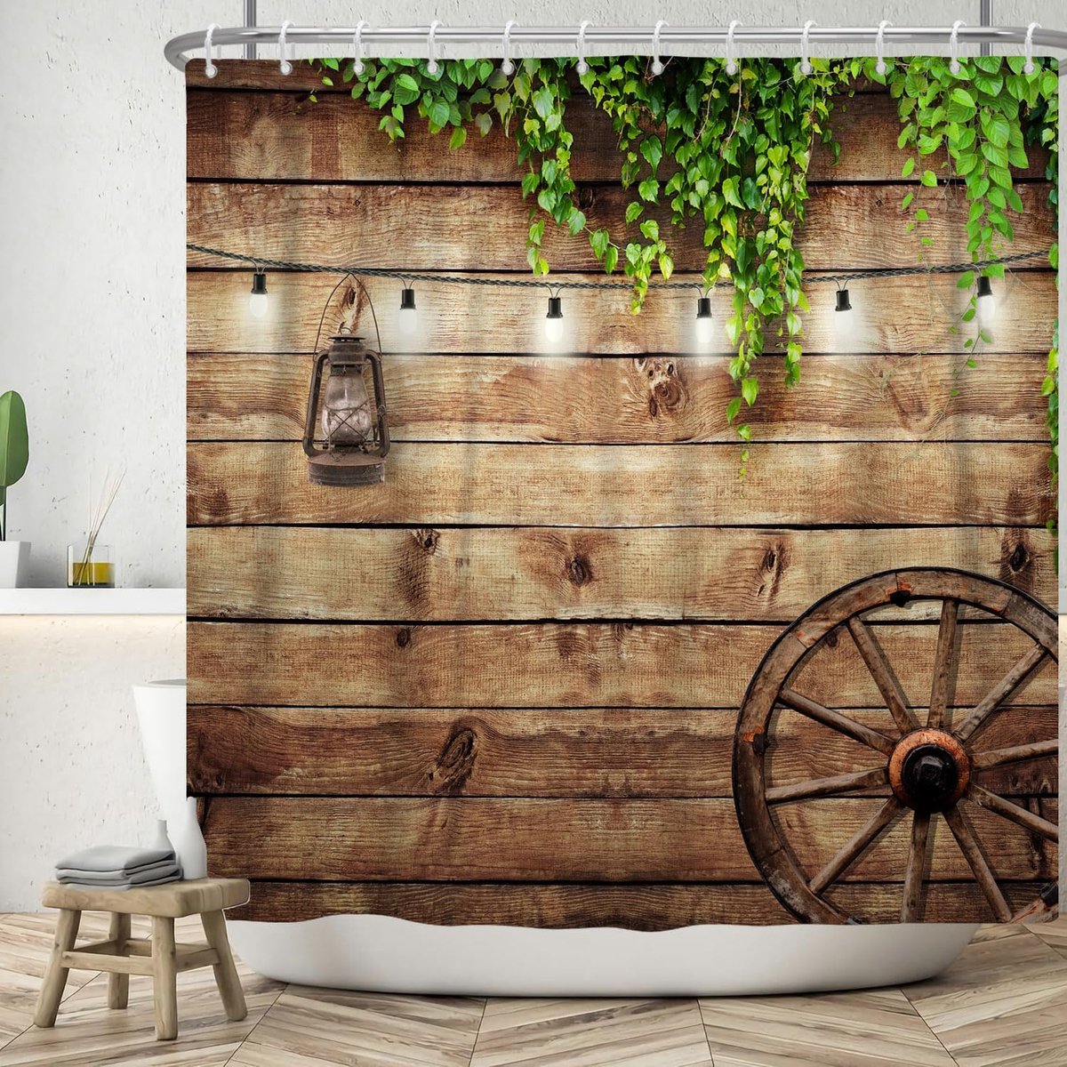 Douchegordijn 180x180cm - Vintage houten plank - Groene bladeren - Waterdicht en wasbaar - ShopVlot