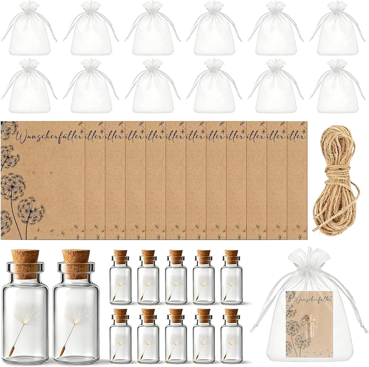 Wensfles set van 24 - echte paardenbloemen in glas - wenskaart en gaaszak - symbolisch geluksbrenger - ShopVlot
