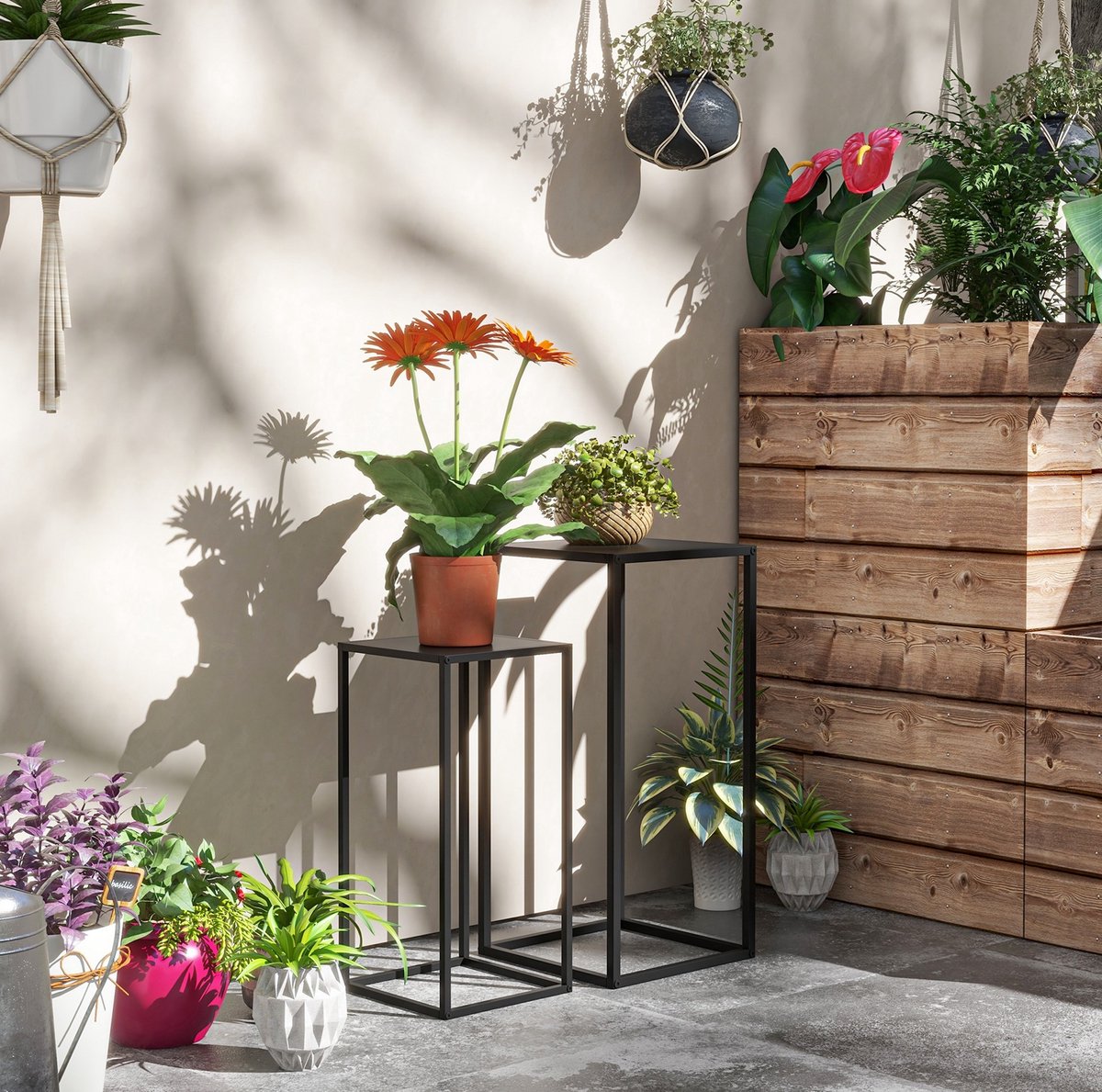 Plantenstandaard Set Van 2 – Scandinavisch Minimalistisch Design – 31 En 65 Cm – Metaal – Zwart – Voor Binnen En Buiten – Stapelbaar
