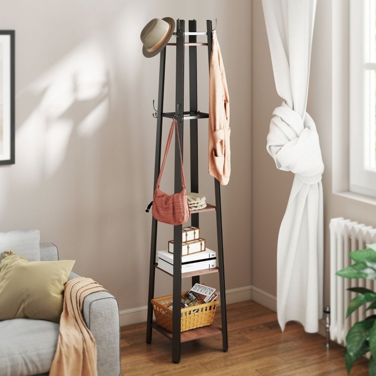 Kledingrek Met 4 Niveaus 8 Haken En 4 Planken 34,8 X 34,8 X 179 Cm Metaal En Spaanplaat Bruin Voor Hal En Woonkamer