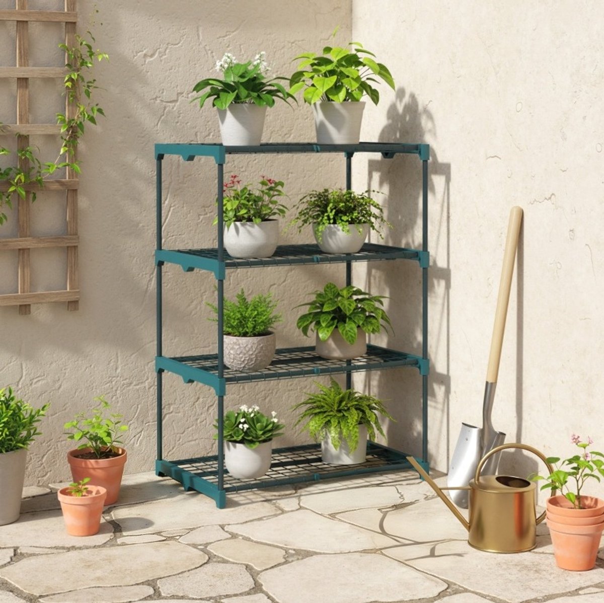 Plantenrek Vier Etages 105 Cm Hoog Stevig Staal Donkergroen Open Opbergrek Voor Balkon Terras En Binnen Met Draagkracht Tot 15 Kg