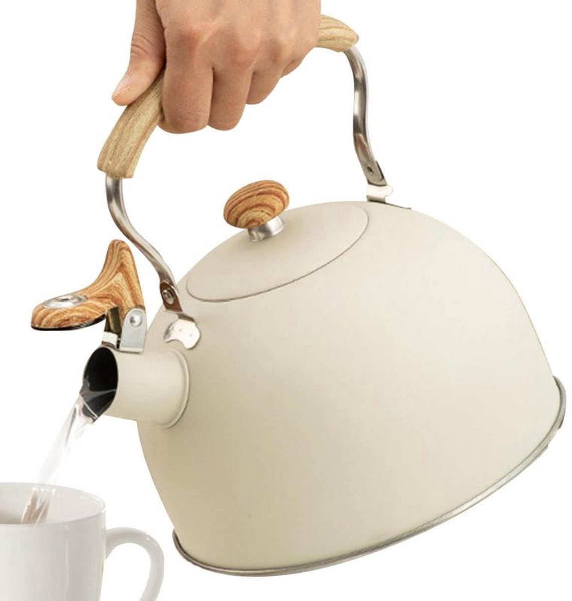 Waterkoker - Fluitketel 2.5L - Houtlook Anti-Heet Handvat - Fluitend bij Kookpunt - Wit Pieper - Geschikt voor Gas & Inductie