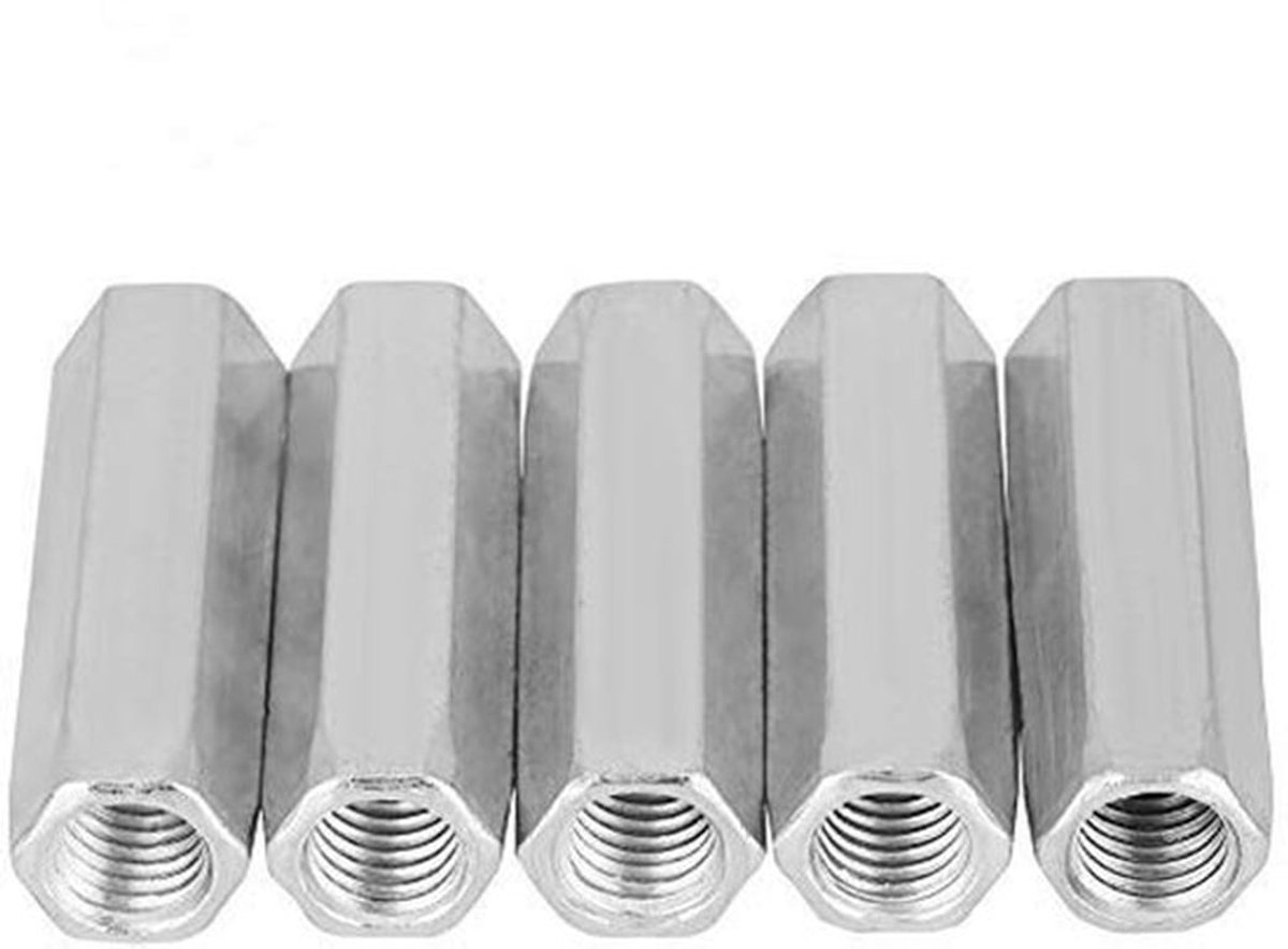 5 stuks lange zeskantmoeren, gegalvaniseerd staal, zeskantmoeren met schroefdraad (M10x50)