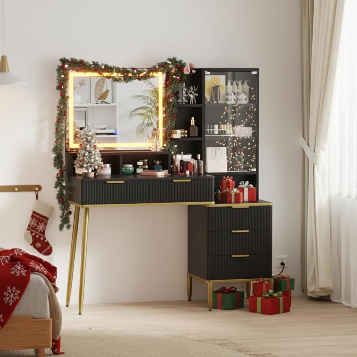 Kaptafel met LED-Spiegel en Stopcontact, Make-up Tafel 120 cm met Verstelbaar Licht en 3 Kleurtemperaturen, Opbergruimte, Zwart