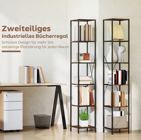 Boekenkast 6 Lagen - 2-Delig Stalen Frame Met X-Versteviging - 30 X 30 X 174,5 Cm - Hout - Rustiek Bruin - Voor Woonkamer, Kantoor En Slaapkamer — afbeelding 4