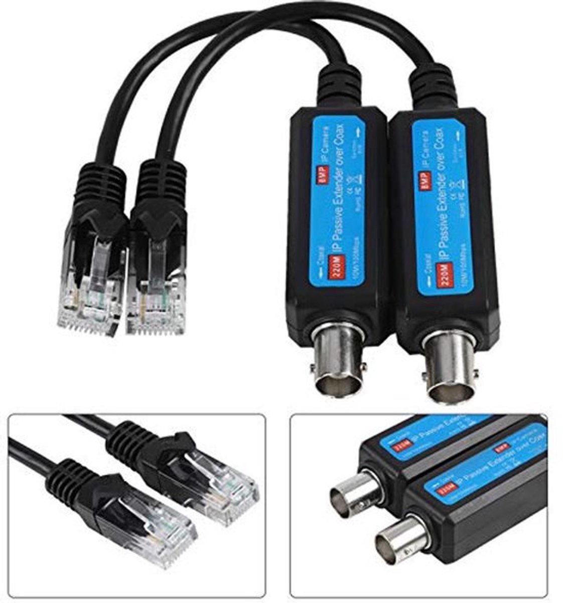 Netwerkcoaxiale zender, 1 paar 220M 10/100Mbps 1CH passieve IP-ontvanger via coax, snel en eenvoudig te installeren netwerkcoaxiale zender/ontvanger, voor IP NVR-camera
