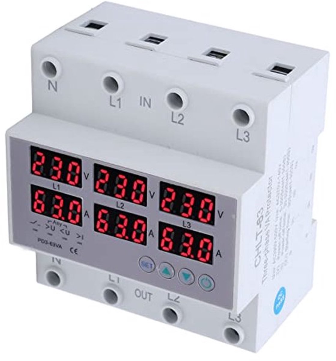 Driefasige voltmeter DIN-rail, pc AC 390-500V, digitale display, overspanningsbeveiliging, automatische fabrieksveiligheid (63A)