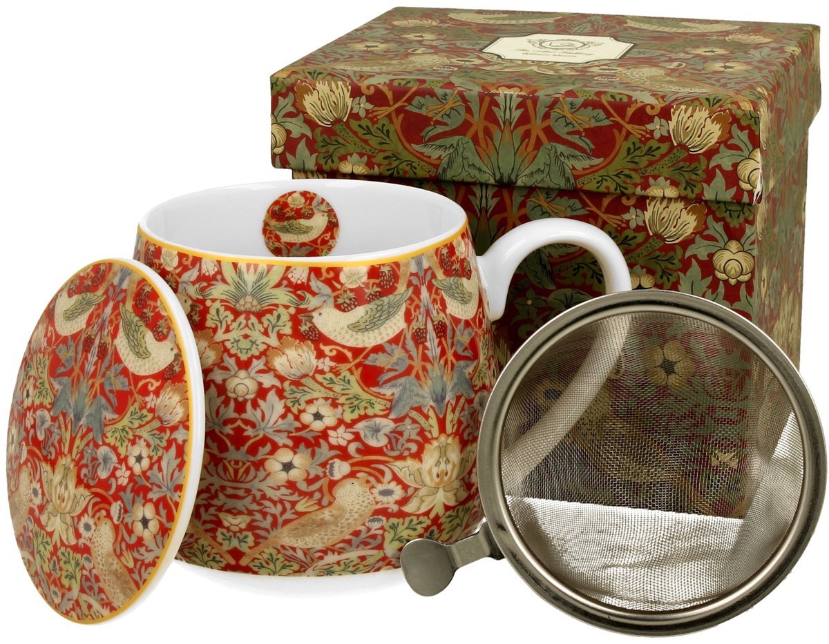 Merkloos Mok met Infuser en Deksel, 430ml, Rood Bloemendessin