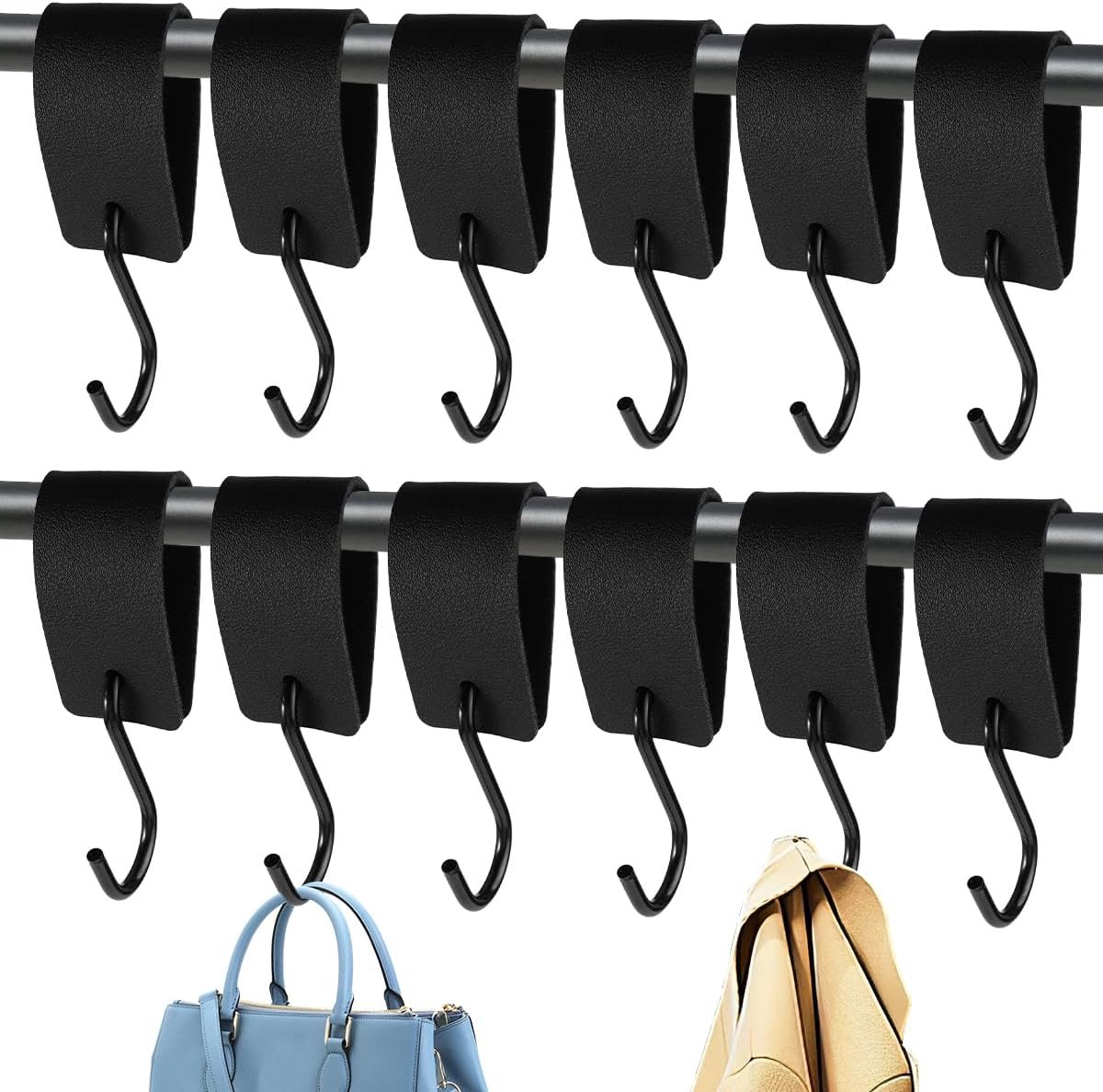 S-haken met leren lus - 12 stuks zwart - multifunctioneel - ophangen zonder boren - ShopVlot