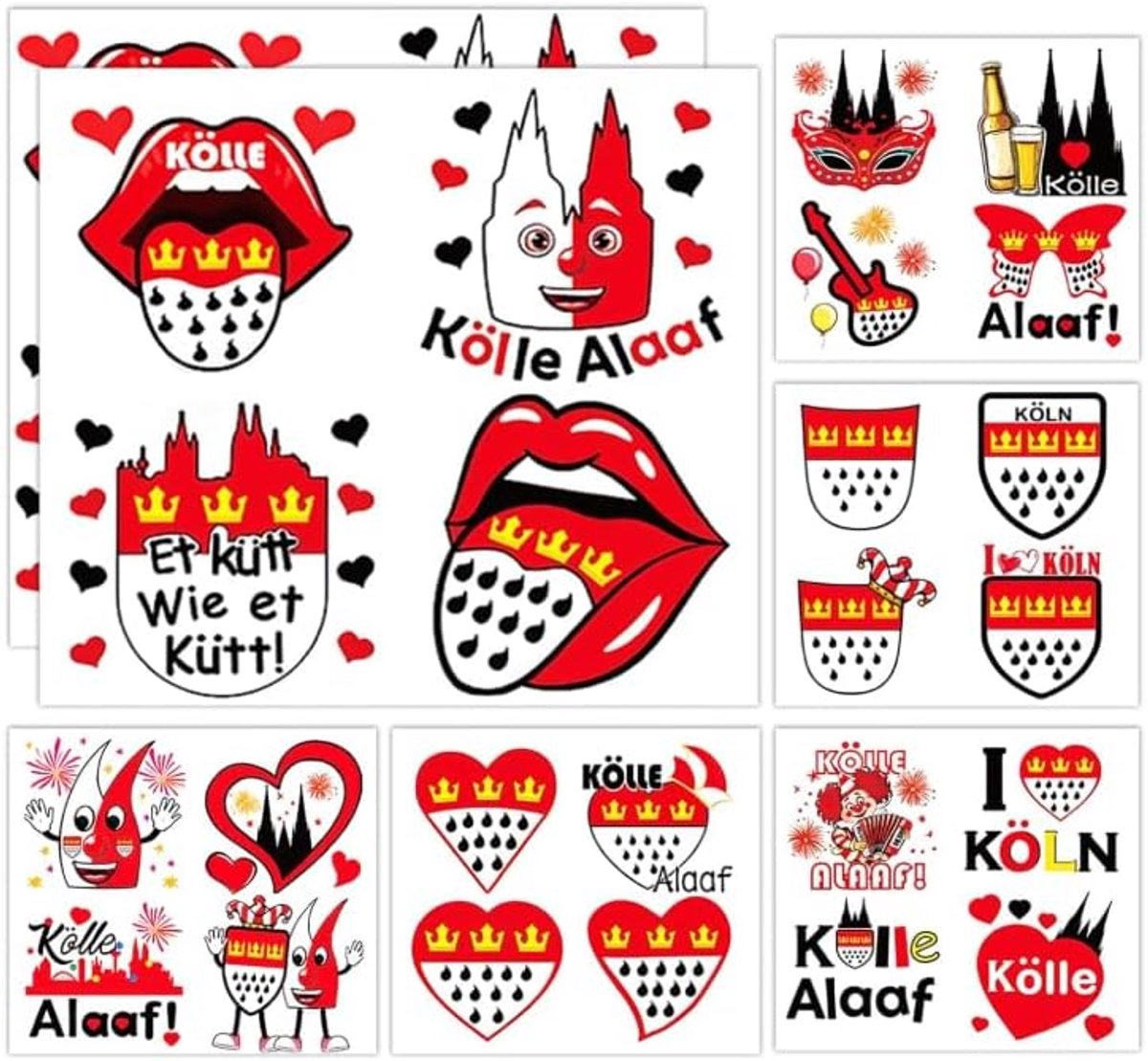 Tijdelijke tattooset 12 vellen - grote gezichtstattoos - kleurrijke ontwerpen - ideaal voor carnaval - SnelShoppen