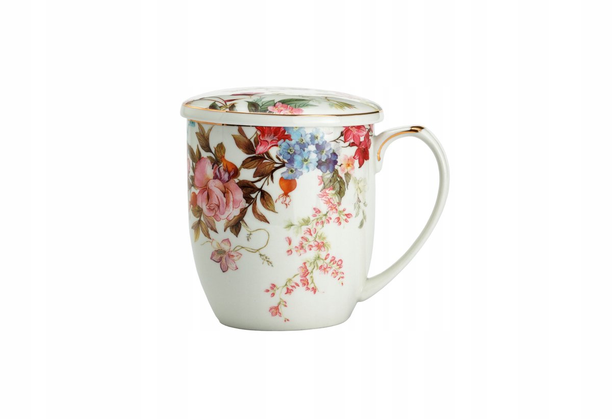 Merkloos Porseleinen Theemok met Zeef en Deksel, 425 ml, Bloemendesign