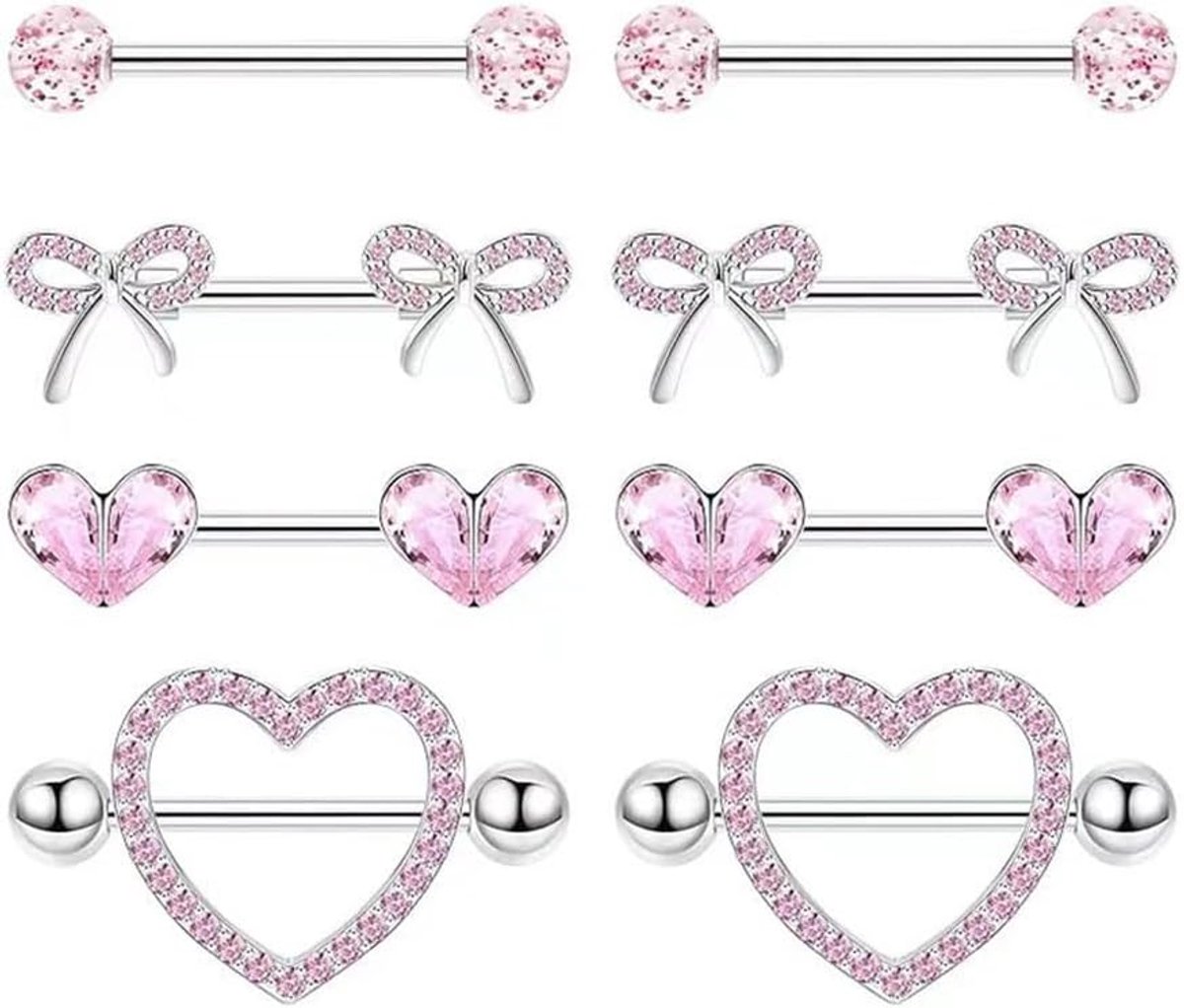 Nipple piercings 14G - Set van 4 - Roestvrij staal - Hypoallergeen - Voor een speelse uitstraling - ShopVlot