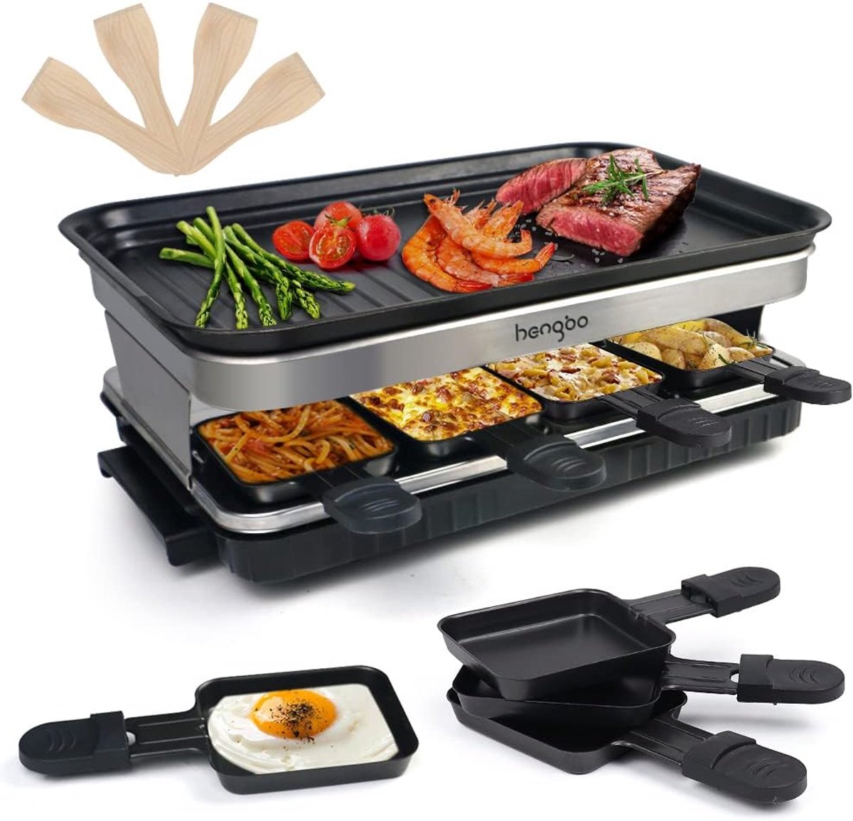 Raclette Raclette Grill 4 6 8 Persons Electric Fondue Machine, 1500 W, Non-Stick Coating, Handles, 8 Mini Pans, 4 - SnelShoppen