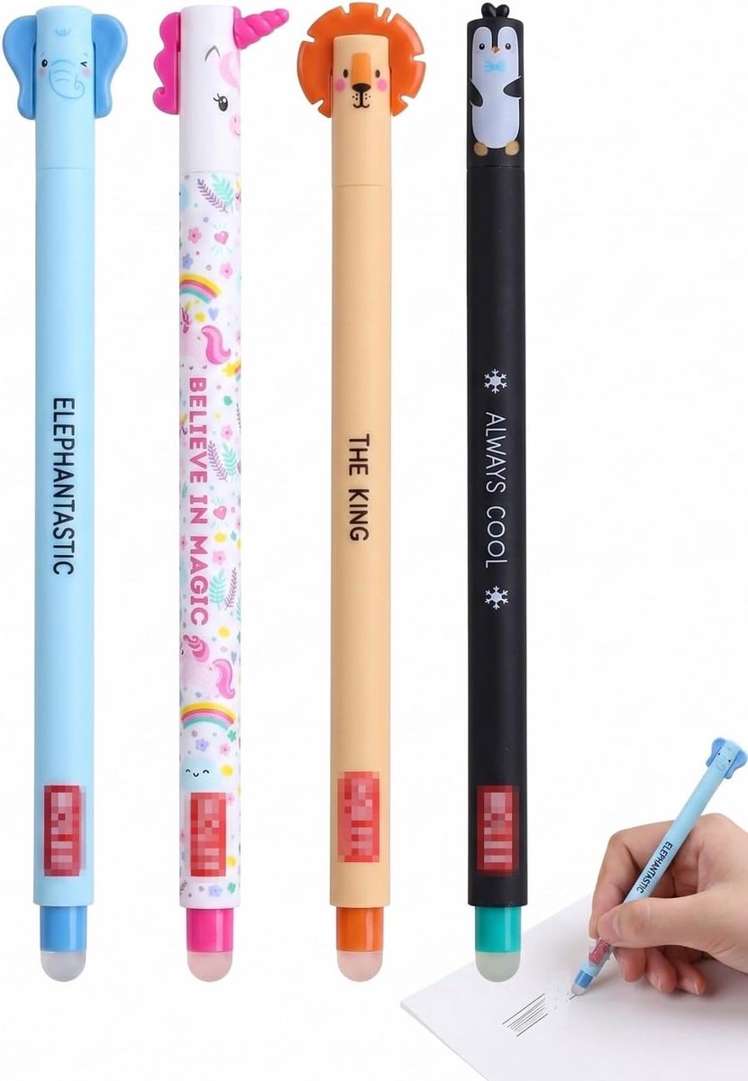 Uitwisbare balpen 4 stuks - ergonomische inkt - schattige dierendesigns - perfect voor schoolnotities - ShopVlot