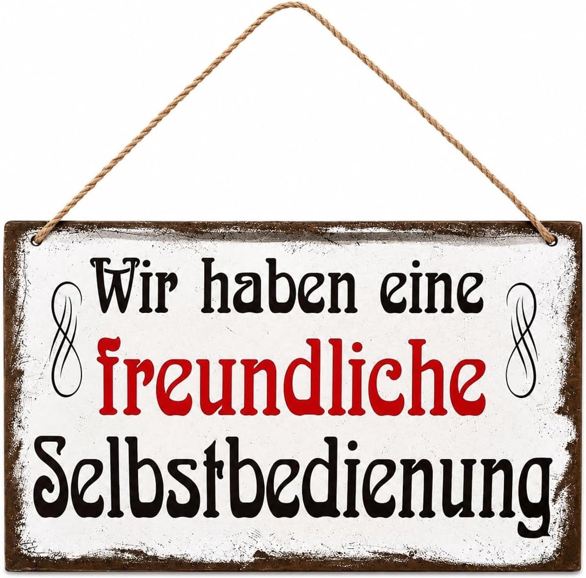 Rustiek Bord met Duitse Spreuk "Wij hebben een vriendelijke zelfbediening", 20x12,7cm Decoratief Houten Bord, Rustieke Wanddecoratie voor Woonkamer, Kantoor en Gastenruimtes