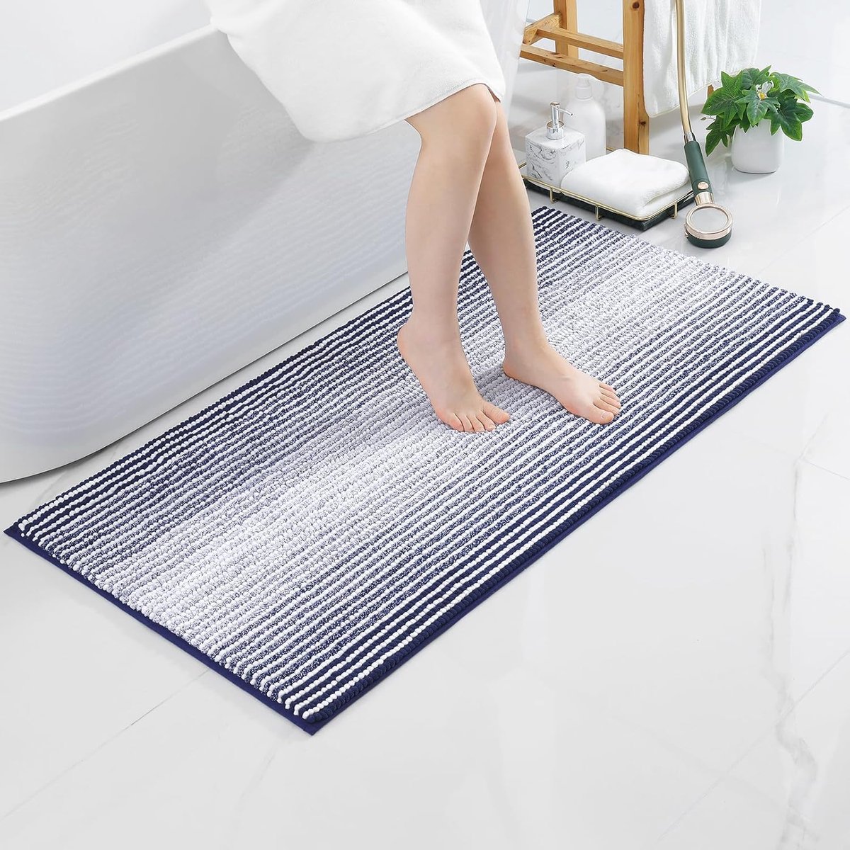Chenille Badmat Zacht Absorberend Badematte Antislip Badmat Microvezel Badvoorlegger Wasbaar Douchemat voor Badkamer - 60 x 120 cm, Marineblauw